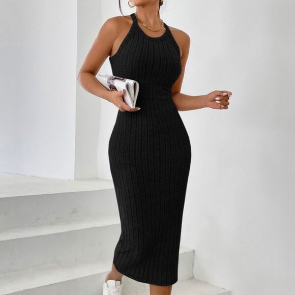She + Sky Dresses & Skirts - She + Sky Ribbed Tank Sleeveless Midi Dress Cross Back Bodycon Solid Black Med